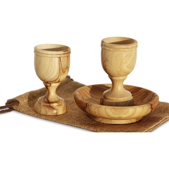 2 Small Communion Cups & Wooden Bread Tray - Handmade Olive Wood Kiddush Cup in a Gift Bag