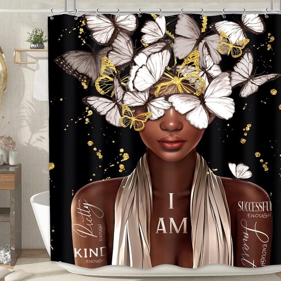 Black African American Woman Gold Butterfly Inspirational Quotes Shower Curtain, 71 x 71 inches, Fabric, for Bathroom