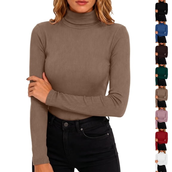 Perfectbot Women's Long Sleeve Tee Turtleneck Ribbed Knit Stretchable Top Fitted Basic Layering Shirt