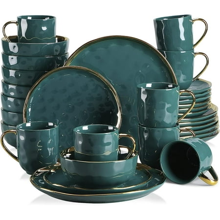 

Ceramic tablewareSet for 8 Stoneware Dinnerware Set 32 PCS Handmade Plates and Bowls Sets with Mugs LOVECASA Dinner Sets Blackish Green and Golden Rim Series Sweet