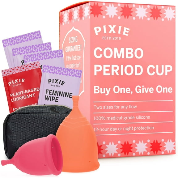 2 Pixie Menstrual Cups - No Metals or Toxins - 100% Medical-Grade Silicone - Ranked 1 for The Most Soft Reusable Period Cup - Wear 12 Hours - Tampon Alternative - Buy One We Give One (Combo)
