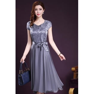 Women Silk Printed Top Bow Waist Prom Night Dress Gray