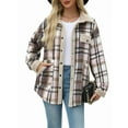 thumbnail image 2 of Womens Fall Flannel Shackets Plaid Button Down Jacket Casual Long Sleeve Fleece Shirt with Pockets Rice Apricot XL, 2 of 8