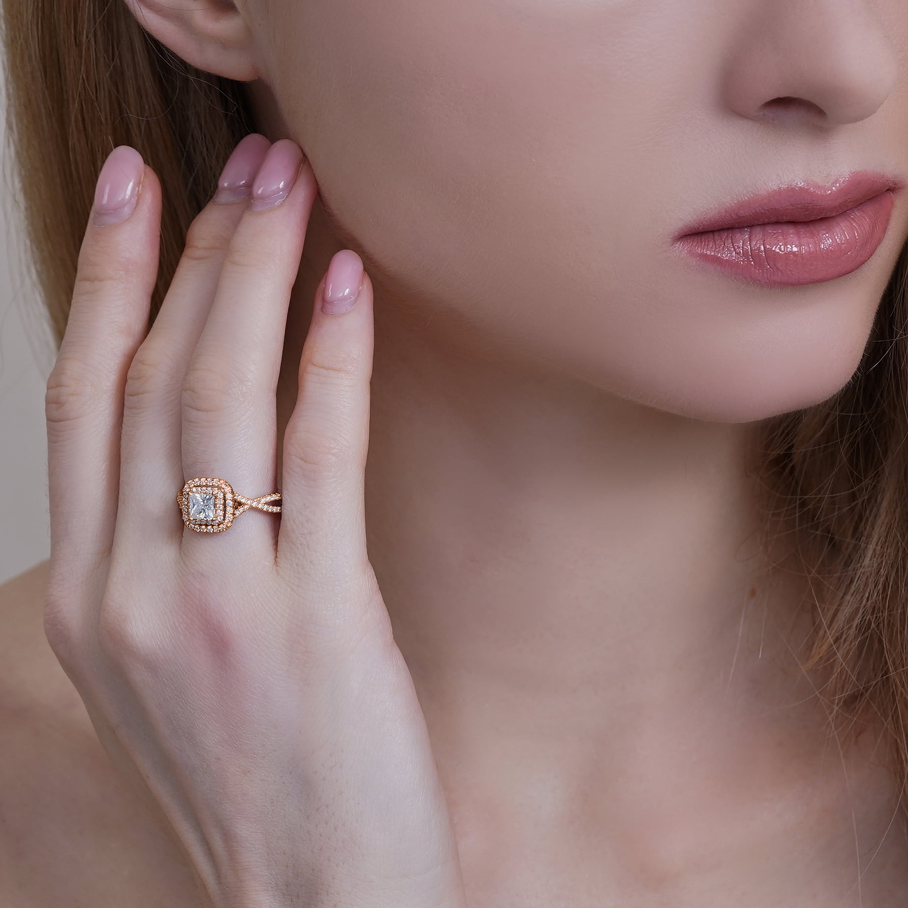 JeenMata 1 Carat Princess Cut Moissanite Engagement Ring - Bridal Set - Double Halo Ring - Cluster Ring - 18k Rose Gold Plated for Women