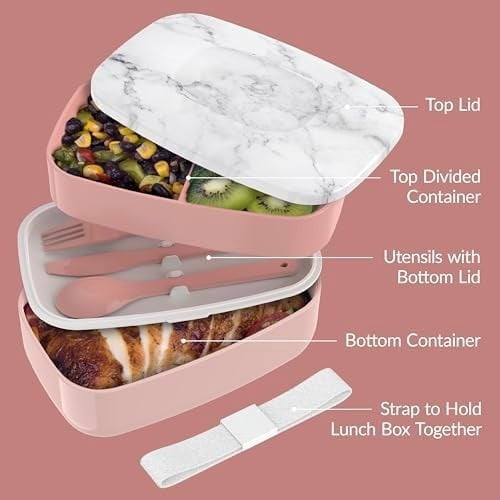 Classic - Adult Bento Box, Stackable 3-Compartment Lunch Box with Removable Utensil Set and Sealing Strap, BPA-Free, Food Container Ideal for Meal Prep, Work, and On the Go (Blush Marble)
