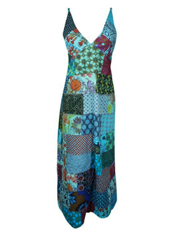 Mogul Womens Patchwork Strap Maxi Dress Blue Green Patchwork Prints S/M