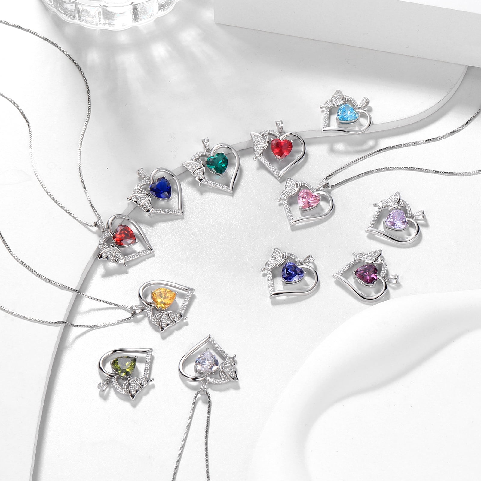 White Heart Necklace Butterfly April Birthstone Necklace Diamond Crystal 925 Sterling Silver Pendant Jewelry Women Birthday Valentine's Day Gift