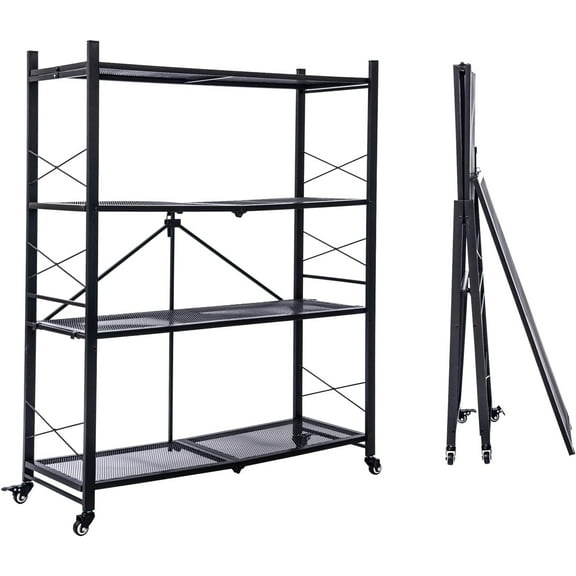 QRKD Foldable Shelves 4 Tier Storage Shelving Unit with Wheels No Assembly Heavy Duty Metal Shelf Rack for Garage Kitchen Hold up to 1000 lbs