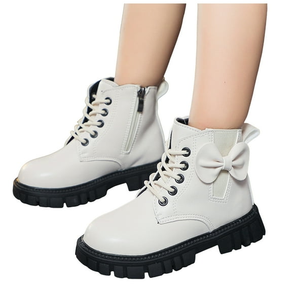 Girls Winter Combat Boots Cute Bowknot Side Zipper Lace up Non Slip Ankle Booties Fashion Lug Sole Fall Short Boots White 2.5 Big Kids