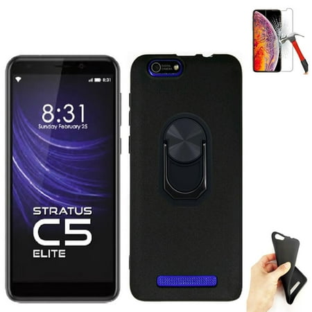 For Cloud Mobile Stratus C5 Case / C5 Elite with Phone Stand,Screen Protector Flexible Gel Case (Gel Black +Tempered Glass +2in1 Ring)