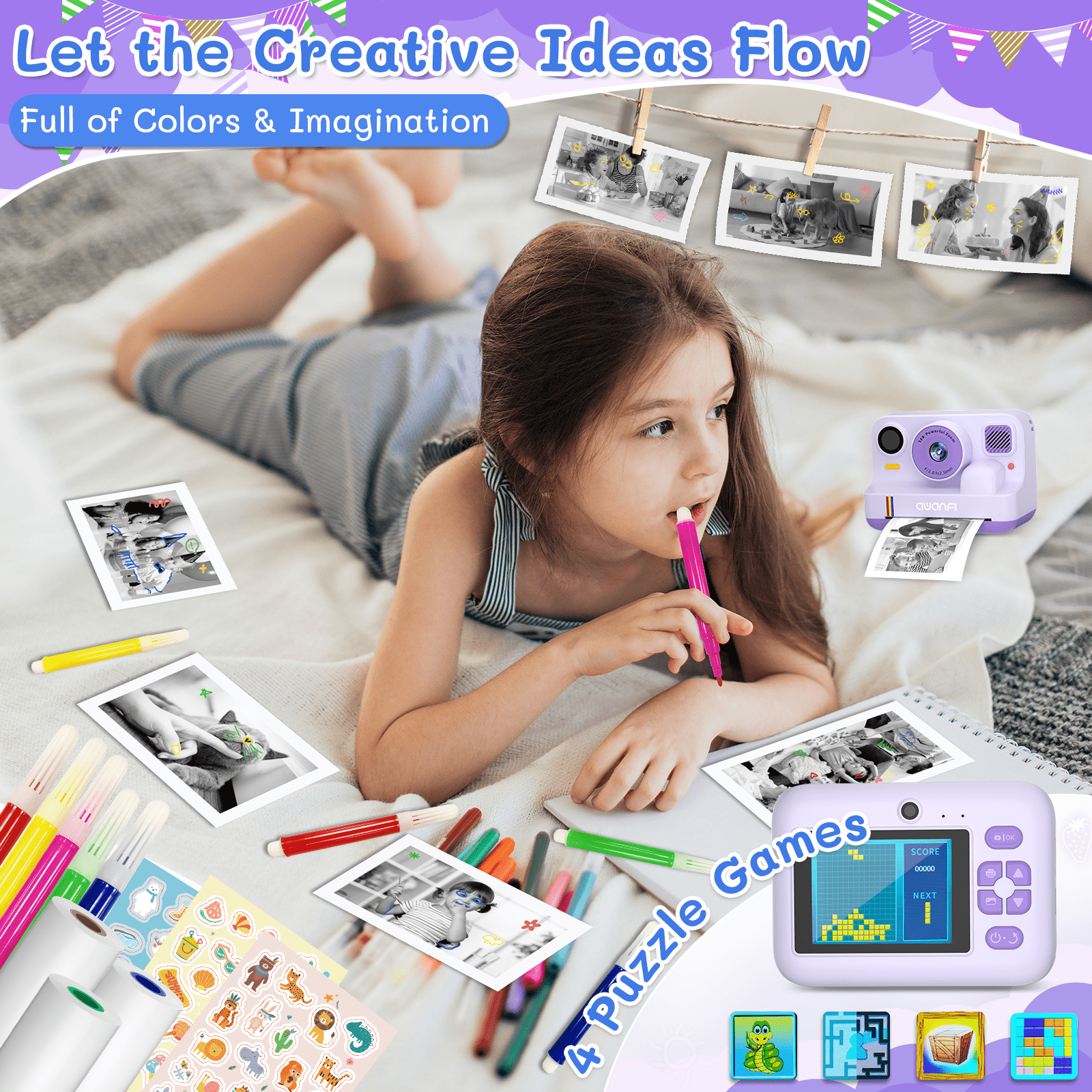 AWANFI Instant Print Camera for Kids, with Printing Paper 2.4" HD 1080P Digital Video Instant Camera for Boys & Girls Age 3-12 Birthday Gifts - Purple