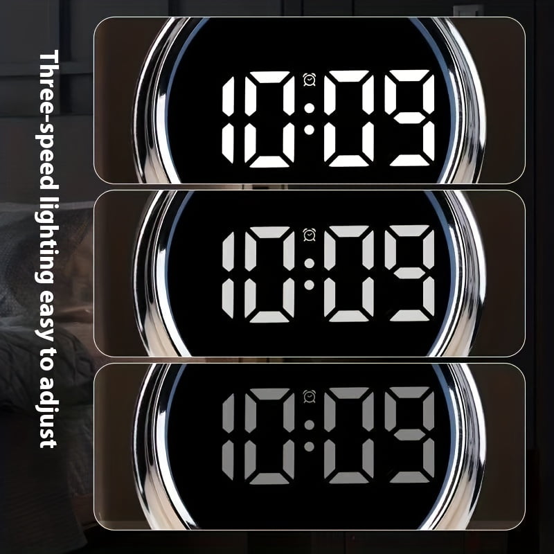 This is a stylish metal alarm clock with a night light and a variety of features, including temperature and date displays. It operates quietly without ticking and has both weekday and weekend alarm s