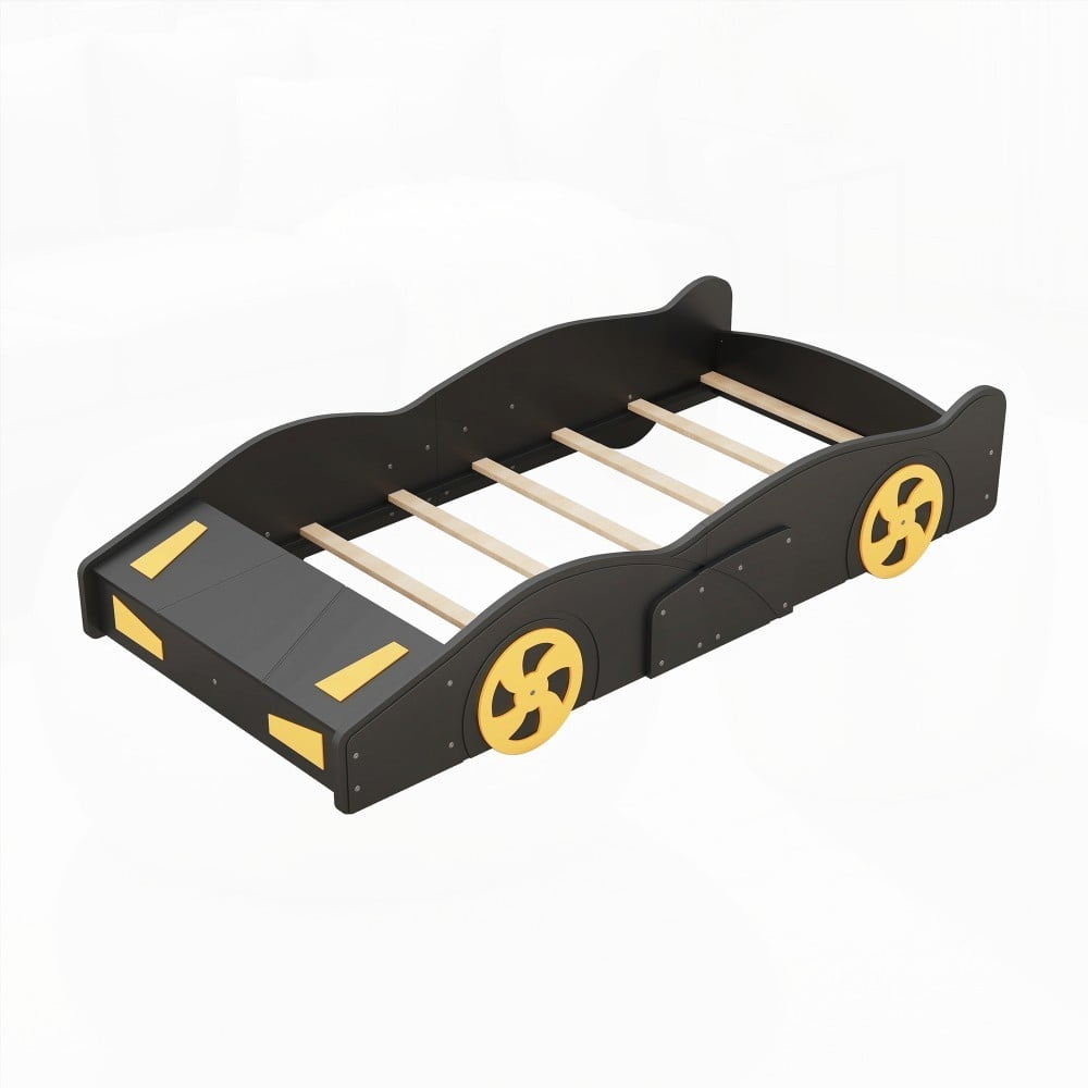 Black+Yellow Twin Size Race Car-Shaped Platform Bed Having Wheels & Storage