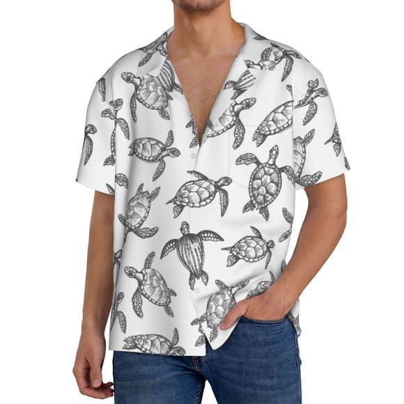 Lsque Hand Drawn Turtle print Men's Cuban Collar Short Sleeve Shirt Summer Beachwear Casual Button Down Fashionable Vacation Leisure Shirt-X-Large