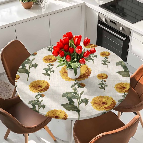 Spring Flowers Watercolor Elastic Fitted Round Tablecloth Yellow Sunflowers Cotton Waterproof Outdoor Table Cover for Holiday Party, Picnic, Patio & Dining Fits Tables Up to 55"-60"