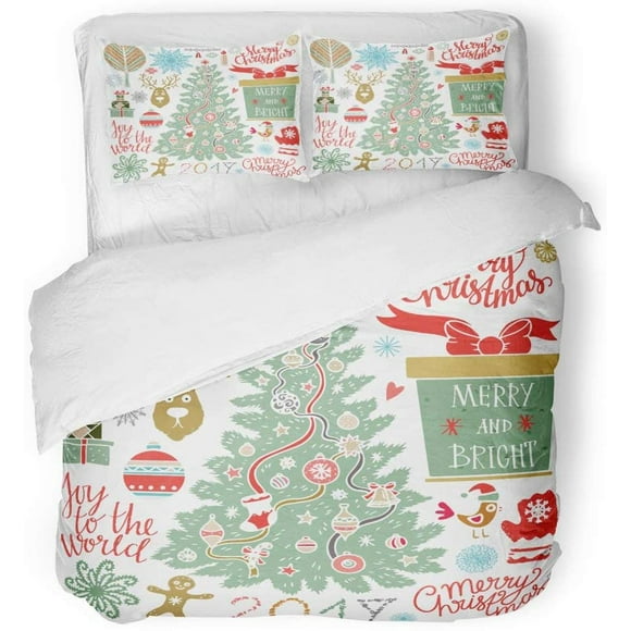 RYLABLUE 3 Piece Bedding Set Christmas Signs Symbols Text Trees Reindeer Snowflakes Burning Candle Balls Boxes Bird Mittens Twin Size Duvet Cover with 2 Pillowcase for Home Bedding Room Decoration