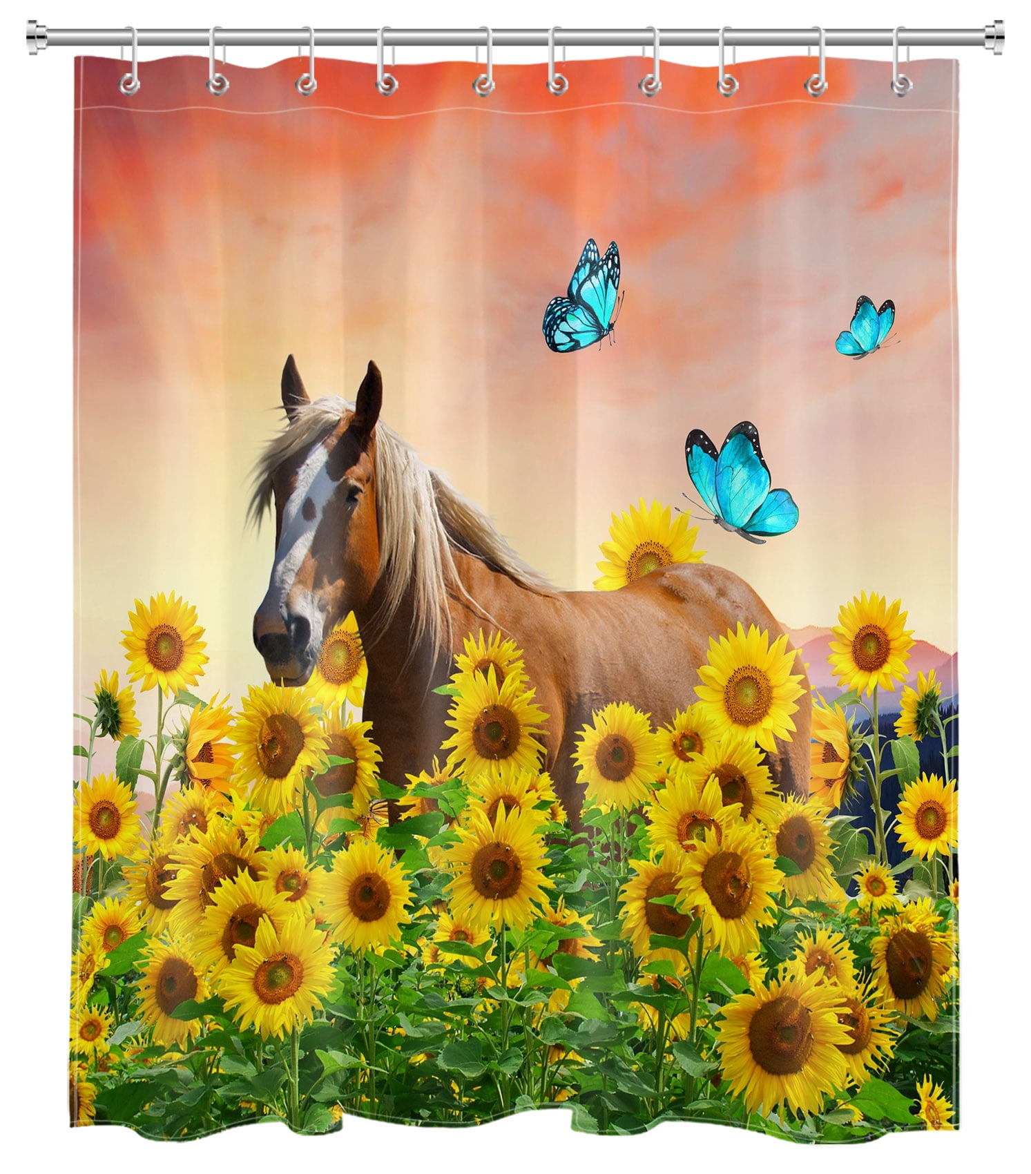 HVEST Horse Shower Curtain Sunflower and Butterfly Bathroom Shower Curtain with Hooks Rural Polyester Waterproof Fabric Bath Decor Accessories,60x72 Inches