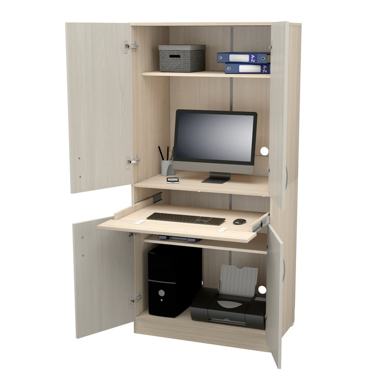 Inval 4-Door Office Desk Armoire, “Washed Oak and Beech”, 67.3 Height x  31.5 Wide x 20.3 Deep