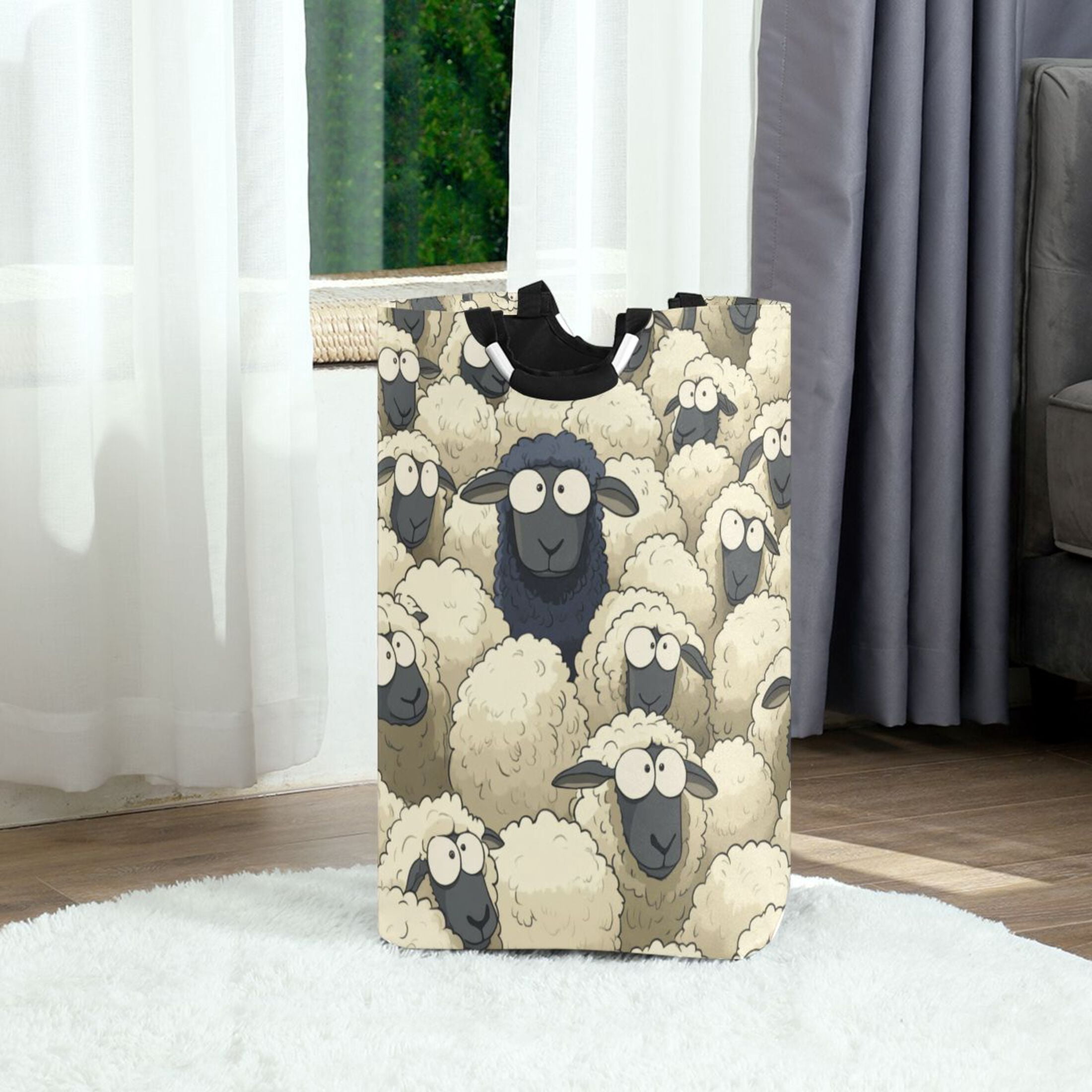 Black Sheep in A White Sheep Laundry Basket with Handles 50L Collapsible Laundry Hamper for Bathroom Bedroom Laundry Room