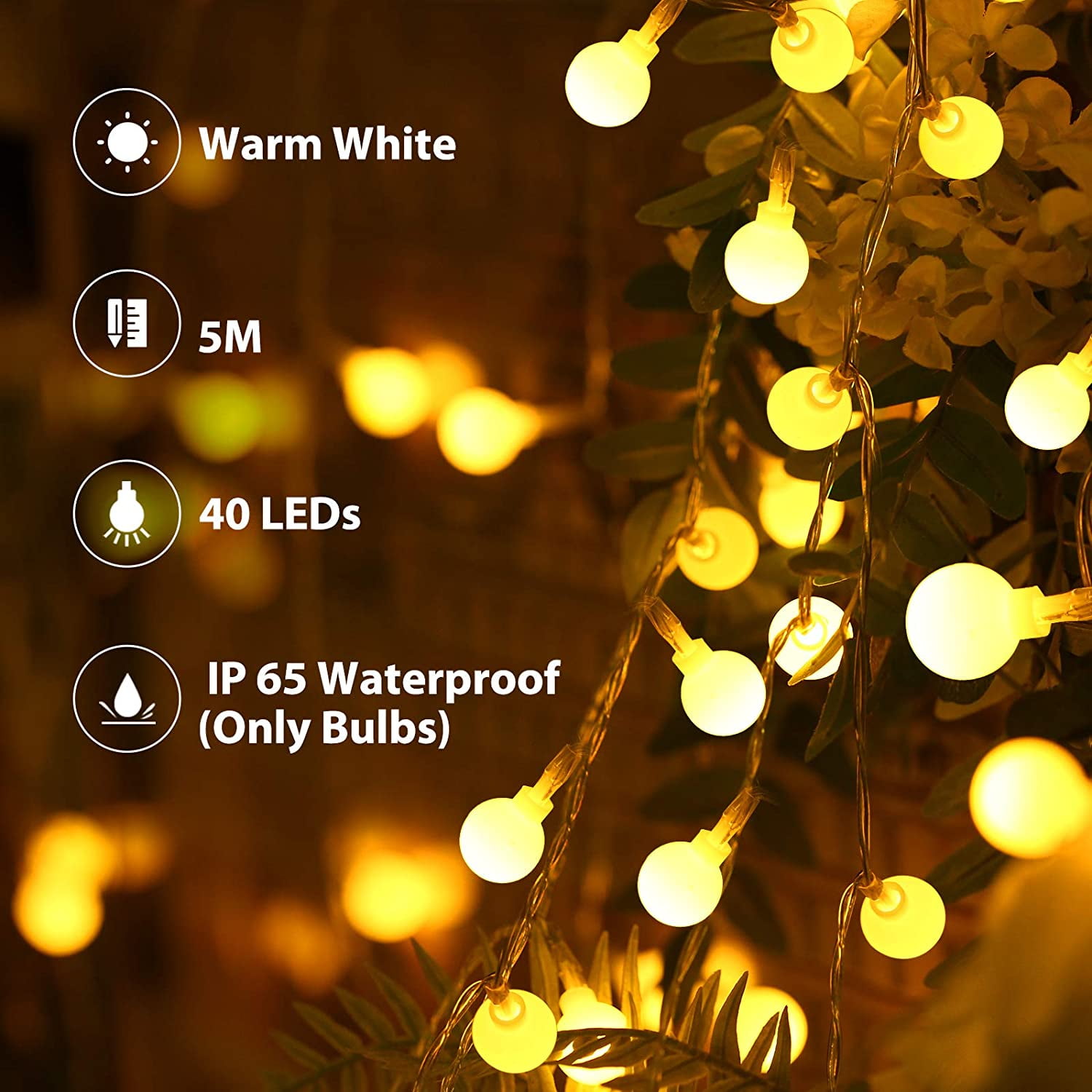 Plug in Globe String Lights, 16ft/10m 50 LED Warm White Decorative Fairy  Lights for Party Anniversary Birthday Wedding Christmas Indoor Outdoor