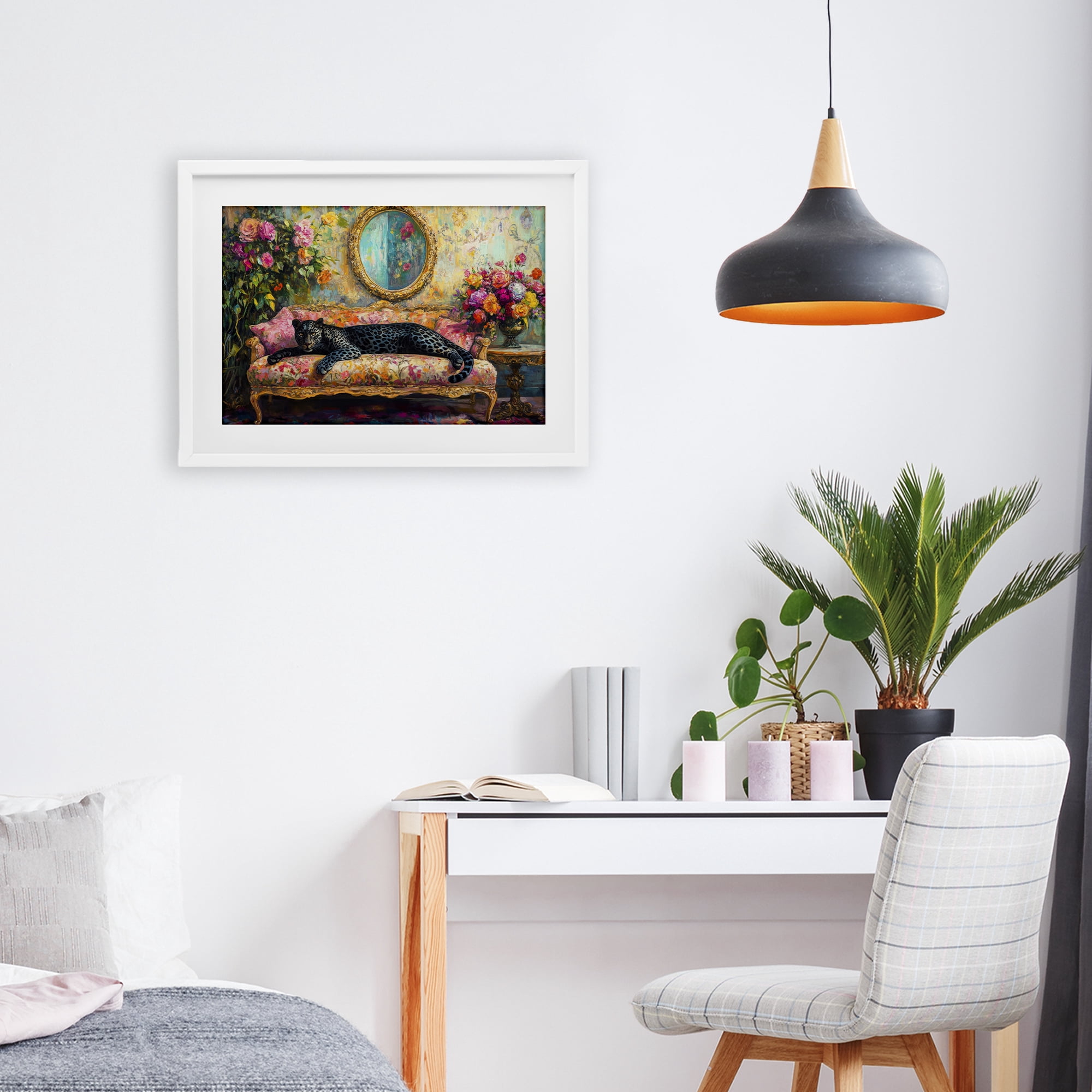 Stupell Industries Lounging Leopard on Floral Sofa White Framed Print Under Glass, design by Petal Prints Design