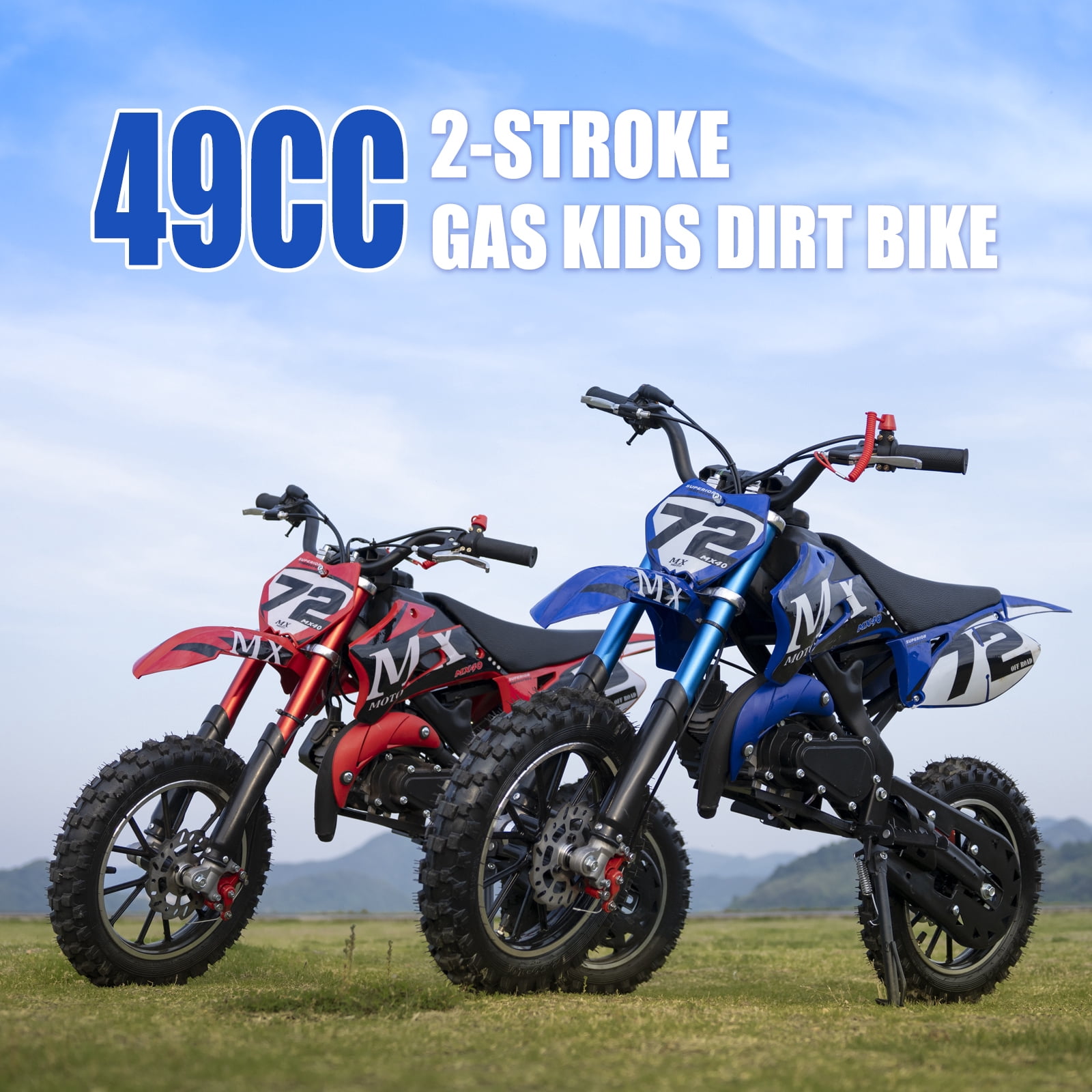 2-Stroke Off-Road Motorcycle, Kids Dirt Bike 49cc Gas Powered - 24 MPH Max Speed with Shock Absorber & Dual Disc Brakes，Kill Switch, Max Load 220LBS BLUE