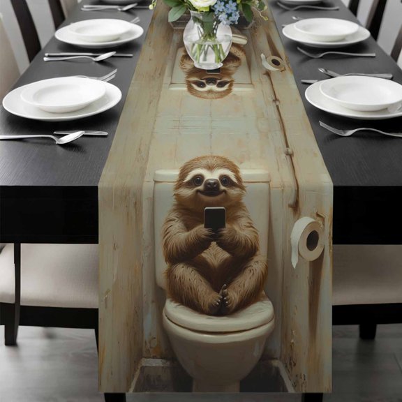 Bathroom Sloth Table Runner 36 Inches Long, Toilet Animals Vintage Kitchen Coffee Dining Table Decoration for Home Party Birthday Wedding Home Decor 13x36 Inches