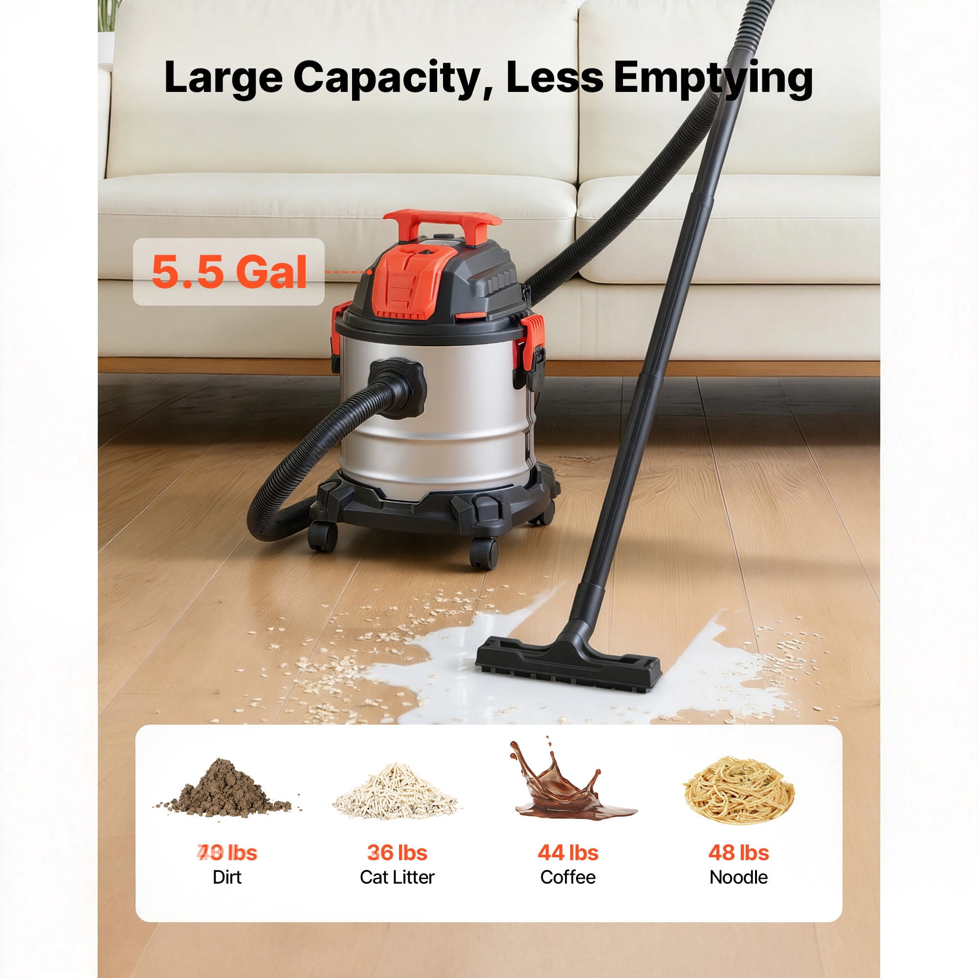 KFFKFF 5.8 Gallon Wet Dry Vacuum, 4 Peak HP Shop Vac with Self-Cleaning, Dual-Filter System, 900W Motor, 1.25in x 7ft Hose, 9.8ft Power Cord, Metal Tank for Jobsite, Workshop, Garage, Home