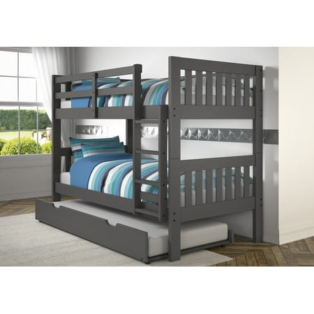 Donco Kids Twin over Twin Mission Bunk Bed with Pullout Twin Trundle Dark Grey