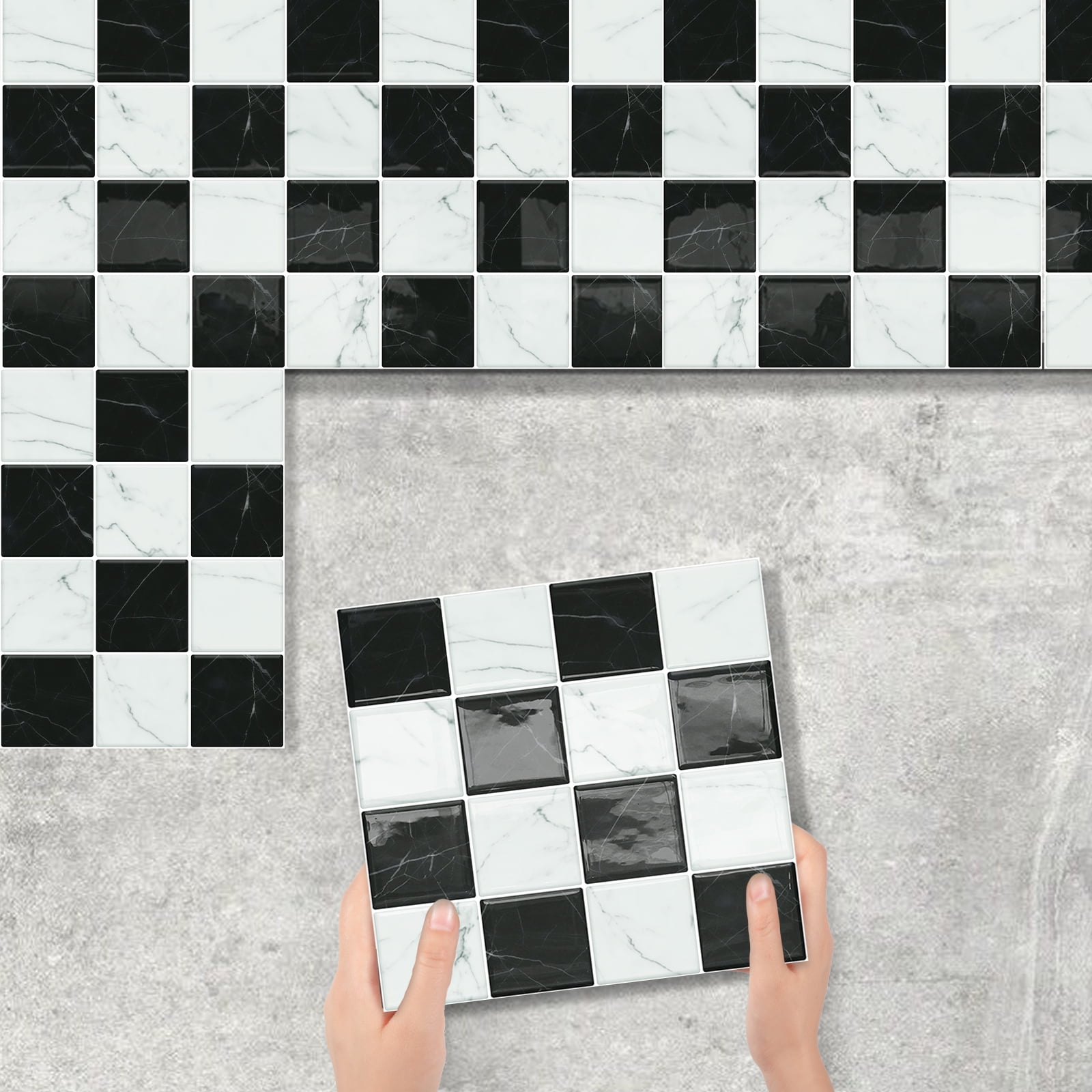 DEWOO Thick Peel and Stick Backsplash Tiles Kitchen Bathroom Square Self Adhesive Wall Tile Checkerboard Checkered Stickers,Black (10-Sheet, 9"×9")