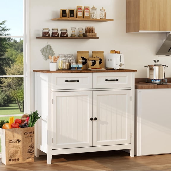 Coffee Bar Cabinet, 35" Kitchen Storage Cabinet with 2 Drawers, Adjustable Shelf, White Retro