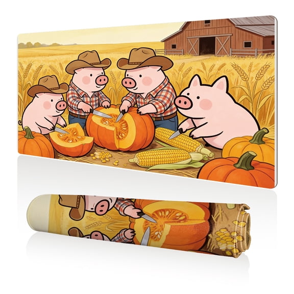 LIVEKEY Mouse Pad 80x40x0.3cm Cartoon Pigs Harvesting Pumpkins and Corn in Golden Field Extra Large Full Desk Coverage Non Slip Durable Easy Clean Stitched Edges for Gaming and Office