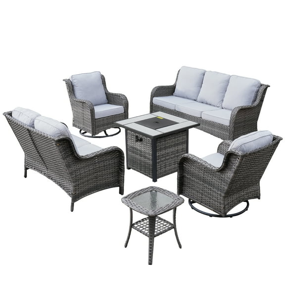 Ovios 6 Pieces Outdoor Patio Furniture with Fire Pit Table Wicker Patio Sectional Sofa with Swivel Chairs for Backyard