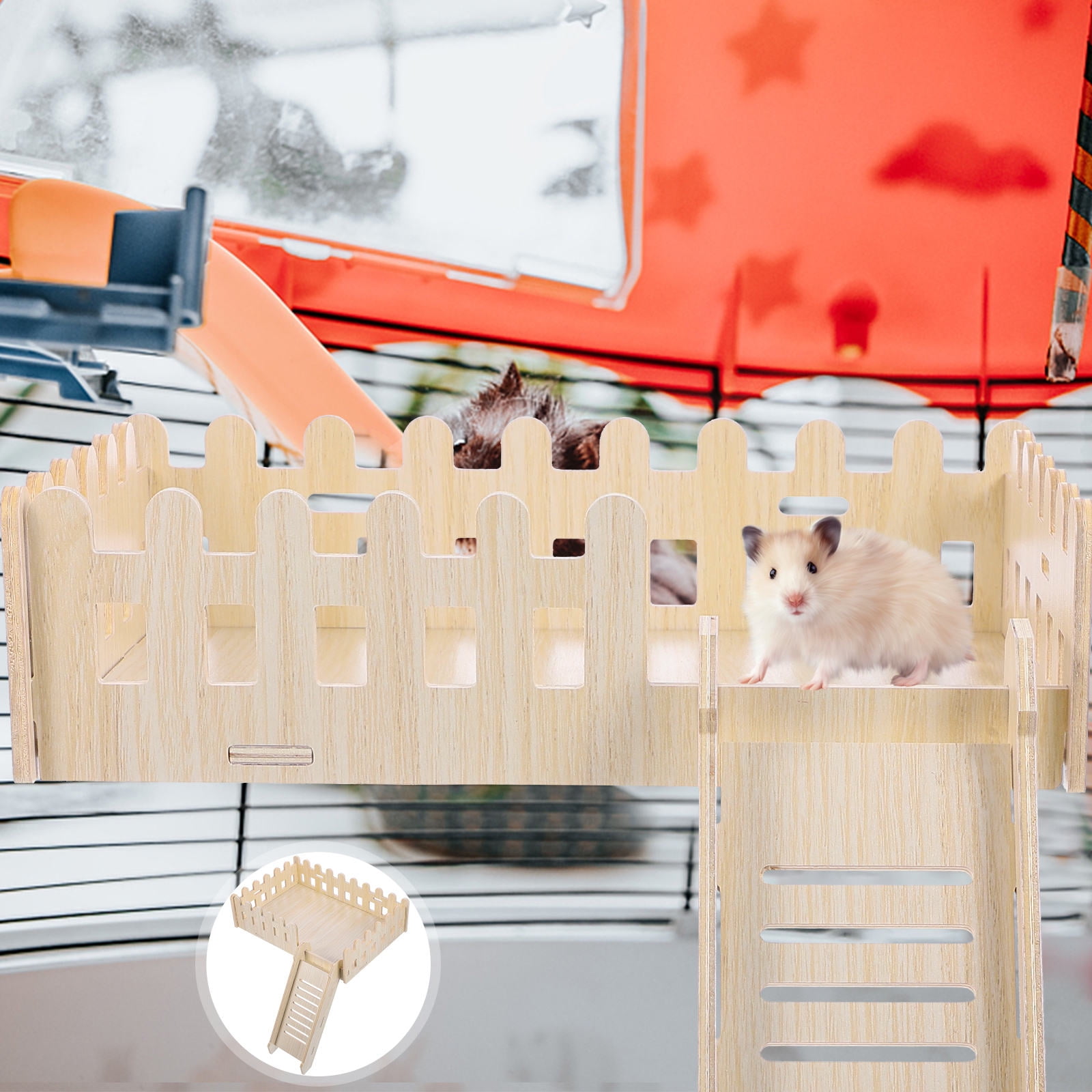IFANLANDOR Hamster Cage Supply Beige Wood Platform with Ladder for Climbing and Nest Landscaping