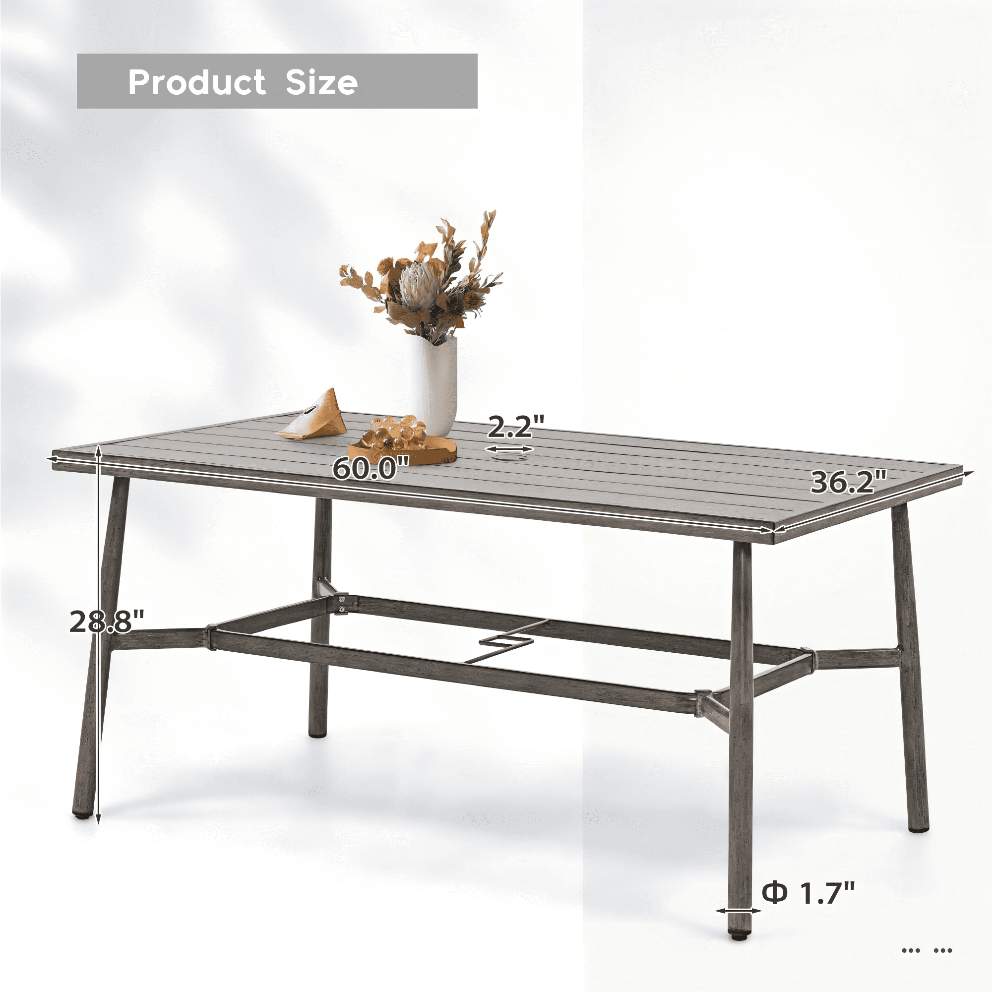 Patio Dining Table for 6, 60 Inch Outdoor Aluminum Table with Umbrella Hole, All Weather Rectangle Patio Table for Backyard Garden Deck Poolside, Dark Gray