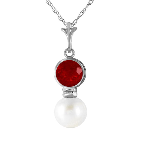 Galaxy Gold GG 14K White Gold 1.23 Carat Ruby and Pearl Pendant Necklace - July Birthstone - Passion & Protection - 16" to 24" - Fine Jewelry for Women