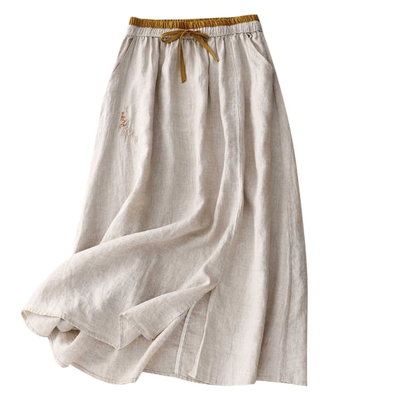Women's Cotton Linen Midi Skirt with Pockets Casual Flowy Swing Elastic High Waist A-Line Split Long Boho Skirts Champagne L