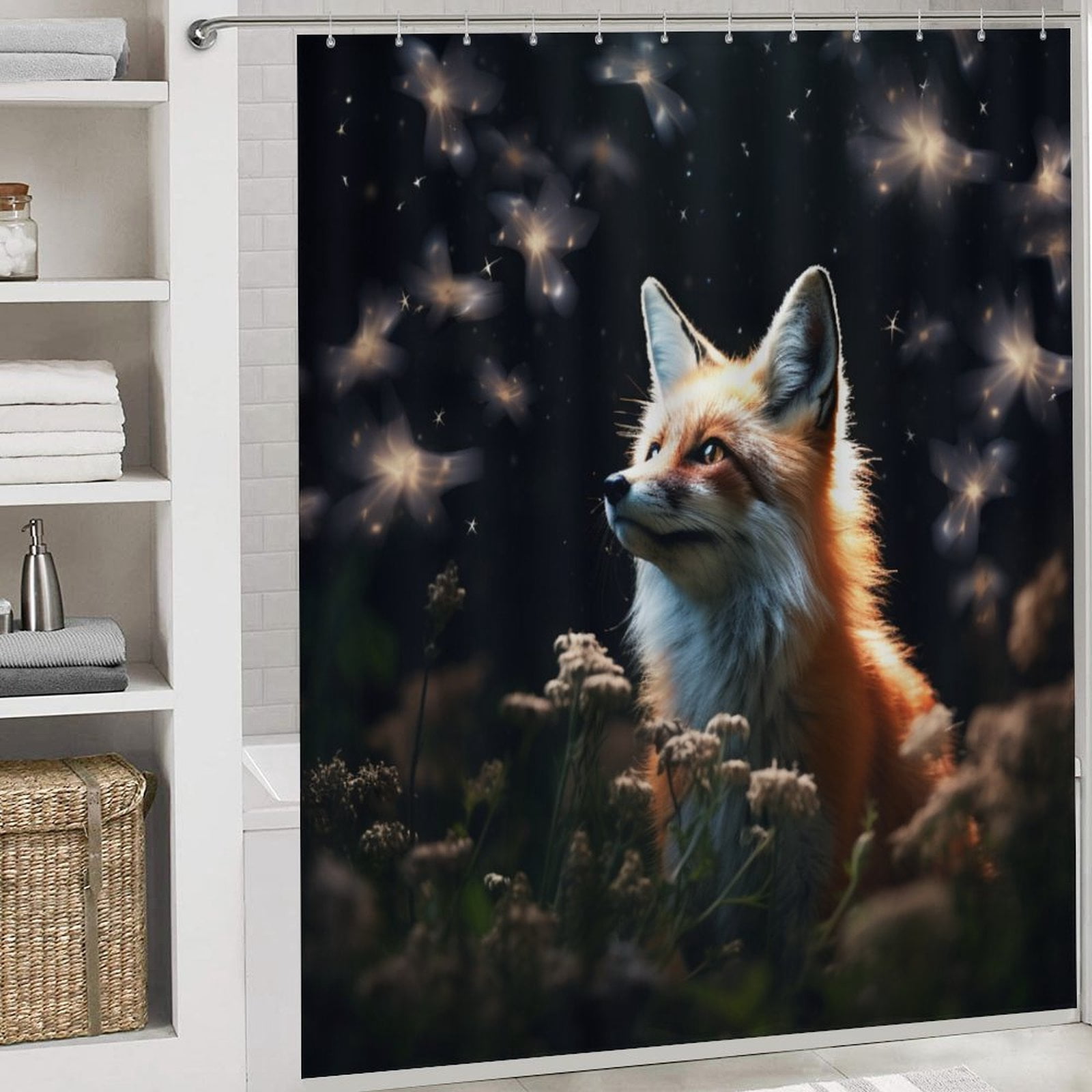 Nine Tailed Fox Chasing Butterfly 4 Pcs Shower Curtain Set with Rug Bathroom Sets with Waterproof Fabric And Non-Slip Rugs Toilet Lid Cover Bath Mat Decor with Hooks