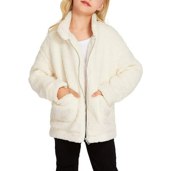 Oudiya Girls Fleece Jacket Spring Sherpa Outwear Full Zip Coat with Pockets for kids 5-14 Years