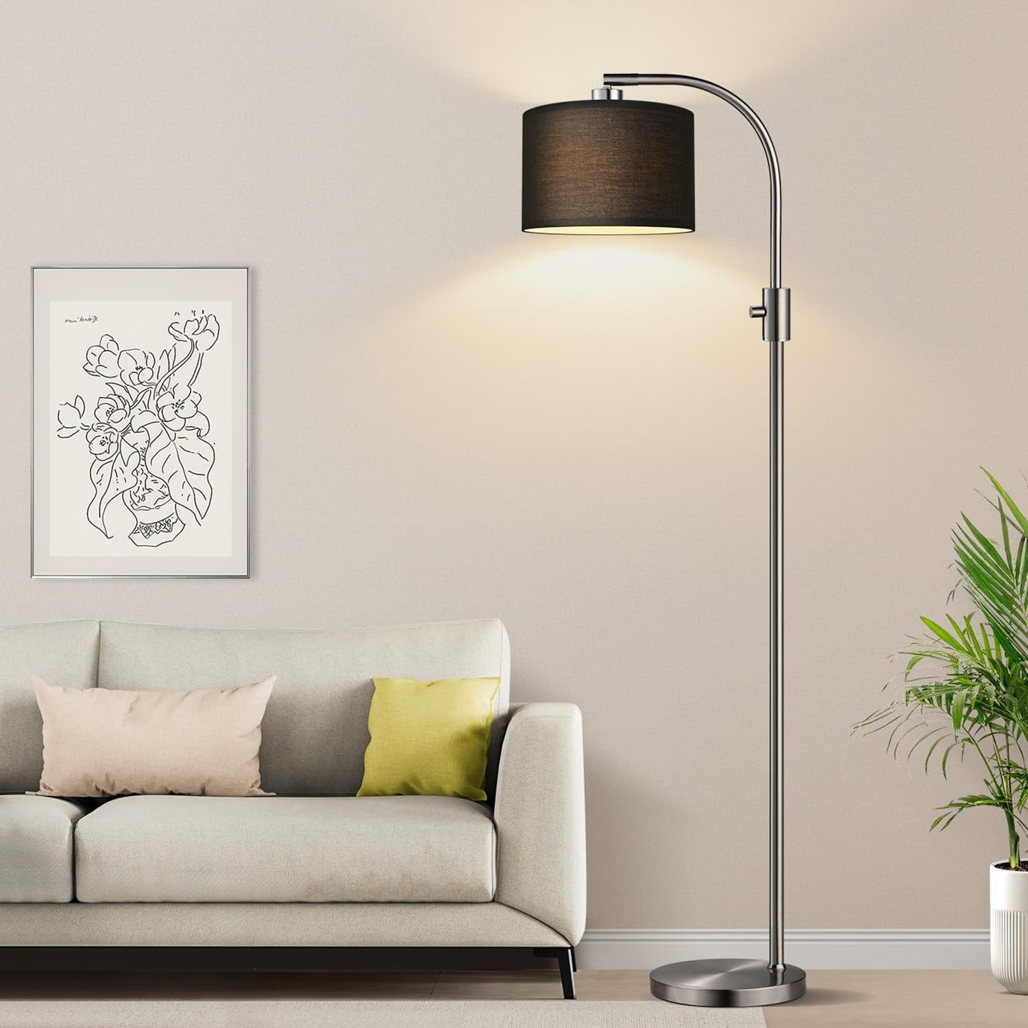 Dimmable Tall Standing Floor Lamp with Black Shade, 1200 Lumens LED Bulb Included, for Living & Reading Room, Bedroom, Office, Brushed Nickel