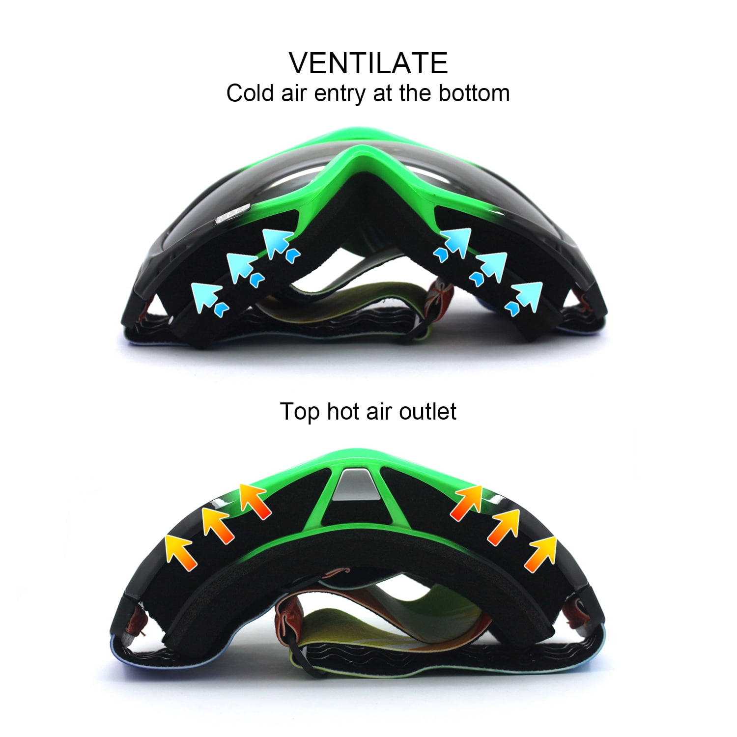JUST GO Ski Goggles for Skiing Motorcycling and Winter Sports Dual-Layer Anti-Fog 100% UV Protection lens Snowboard Goggles fit Men, Women and Youth, Black and Green Frame/Gray Lens (VLT 20.2%)