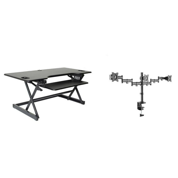 Rocelco 46" Large Height Adjustable Standing Desk Converter with Triple Monitor Mount BUNDLE - Quick Sit Stand Up Computer Workstation Riser - Retractable Keyboard Tray - Black