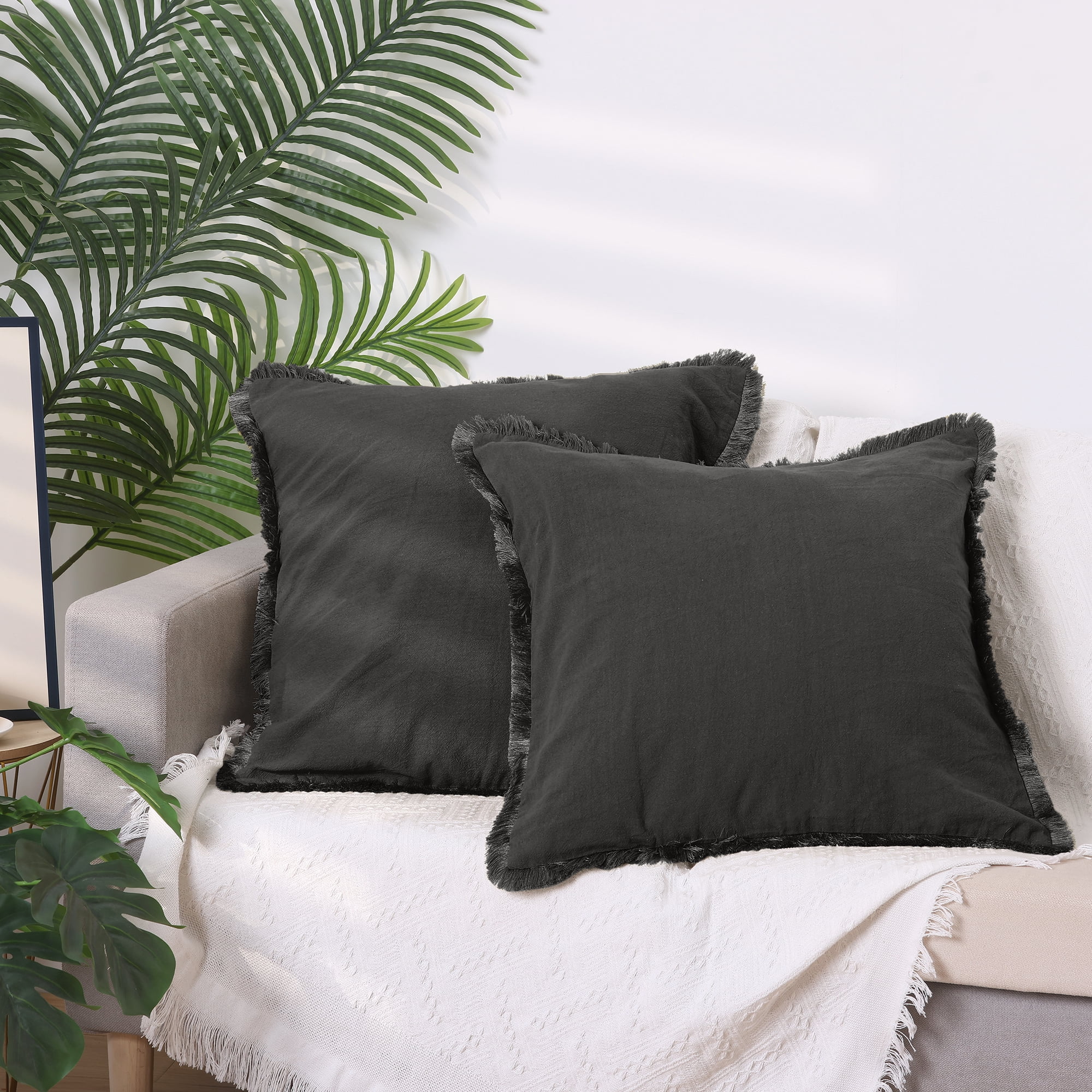 Unique Bargains 2 Pcs Cotton Decorative Throw Pillow Cover with Tassel Trim for Couch Bed Gray 18" x 18"