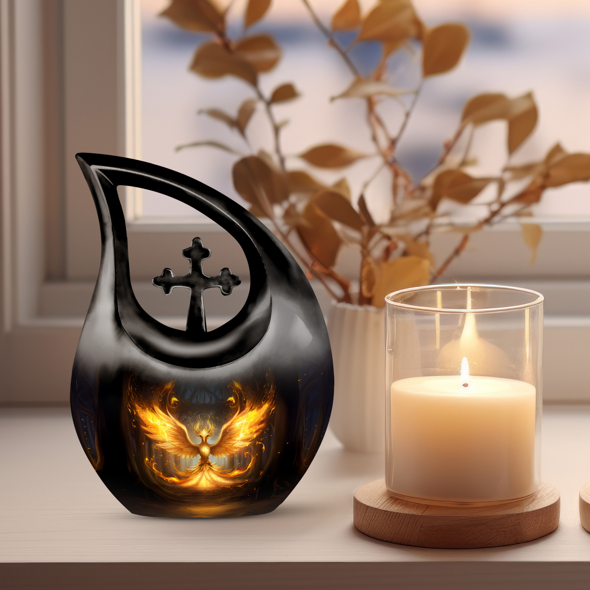 MUKTIVE Phoenix Design Urn for Ashes, Tear Drop Urns for Human Ashes, Cremation Urns for Women, Memorial Black Urn for Teenager (1 Large, 4 Keepsake)