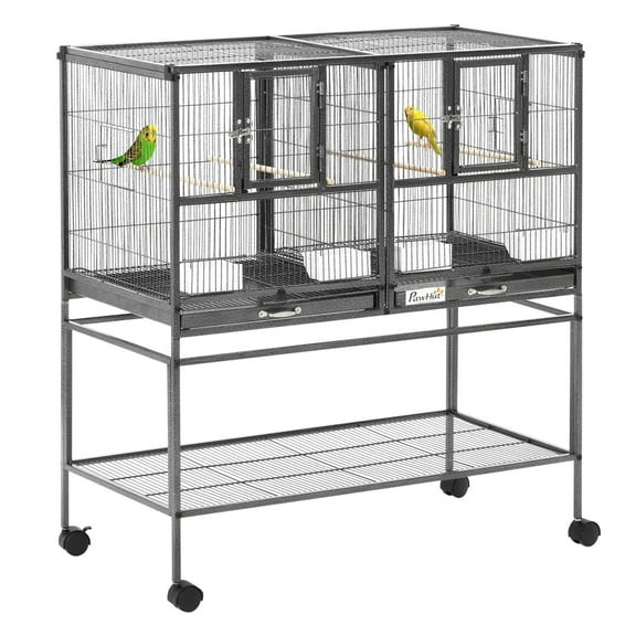 Large Bird Cage Double Rolling Metal 40.25" H w/Storage Shelf & Perches - Black/Gray