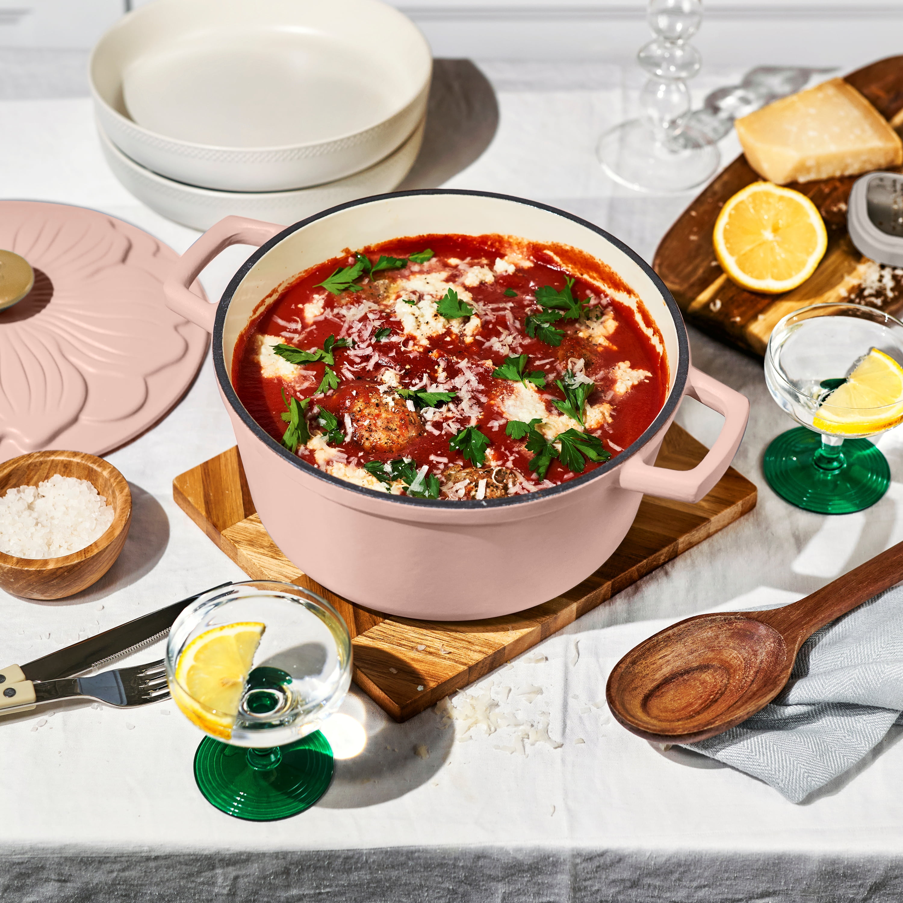 Beautiful 4 Quart Enameled Cast Iron Round Dutch Oven with Petal Design Lid, Rose by Drew Barrymore