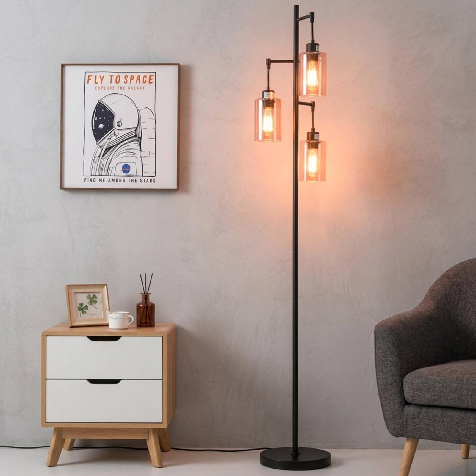 Vebreda Retro Floor Lamp with 3 Hanging Amber Glass Shades and Foot Switch for Living Room Bedroom-Black | Industrial Standing Lamp