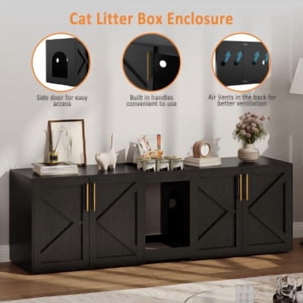 TEQIN Cat Litter Box Enclosure for 2 Cats,Litter Box Furniture with Double Room, Central Entry, Cat Hidden Litter Box TV Stand for Living Room, 55”L x 17.2”W x 22.4”H