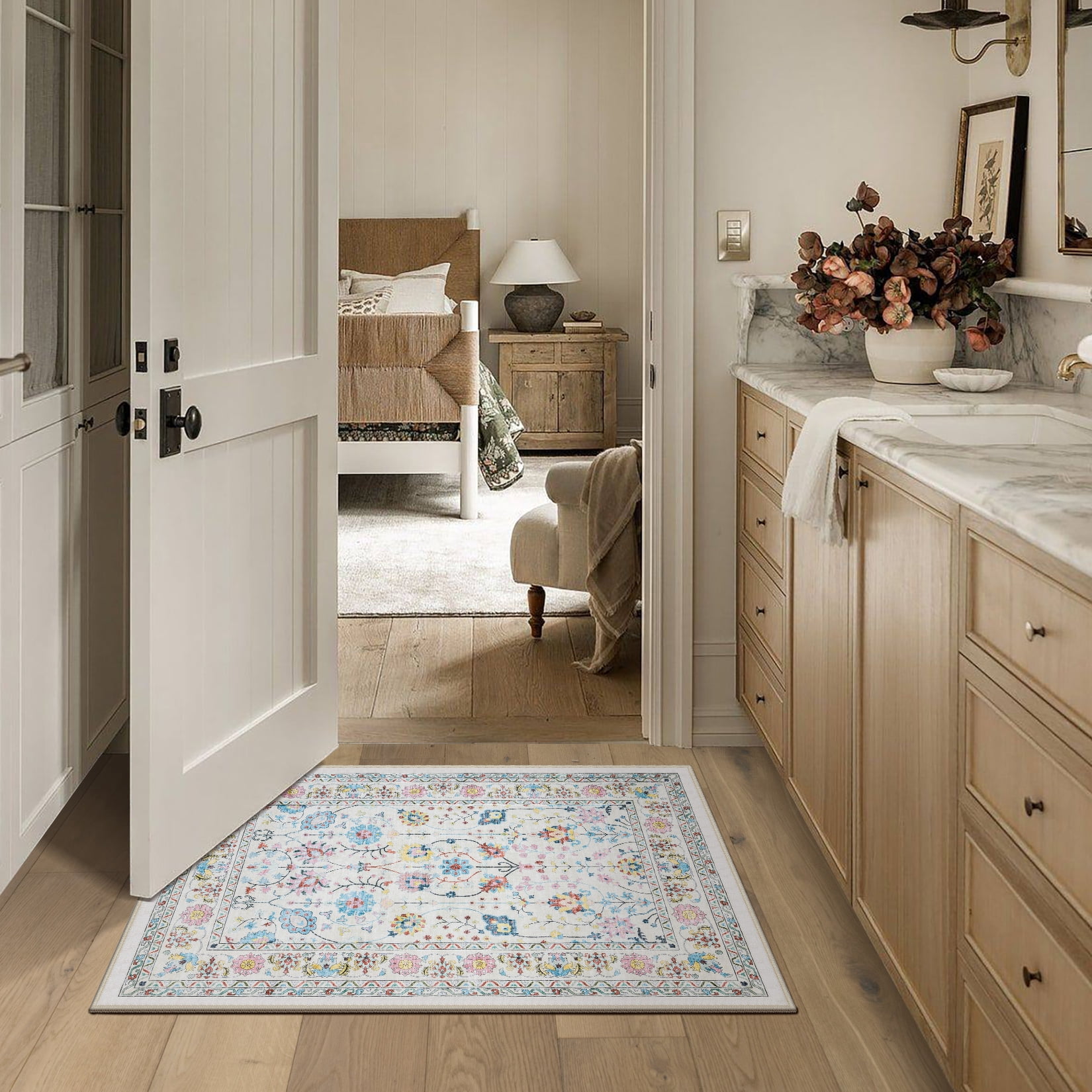 Toyoso 2x3 Area Rug Living Room Rugs - Machine Washable Traditional Floral Rug Non-Slip Classic Farmhouse Entryway Mat for Indoor Front Door, Kitchen, and Home Décor – Beige