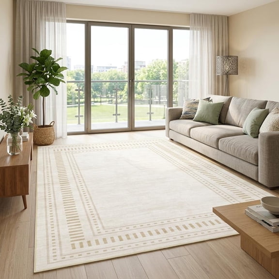 HIWEAVER Beige 4' x 6'Washable Striped Area Rugs for Living Room Soft Geometric Bordered Indoor Modern Large Throw Carpet for Dining Room